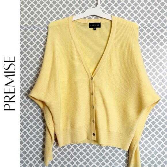 PREMISE Ribbed Butter Yellow Button-Front Cardigan, L - Picture 1 of 7